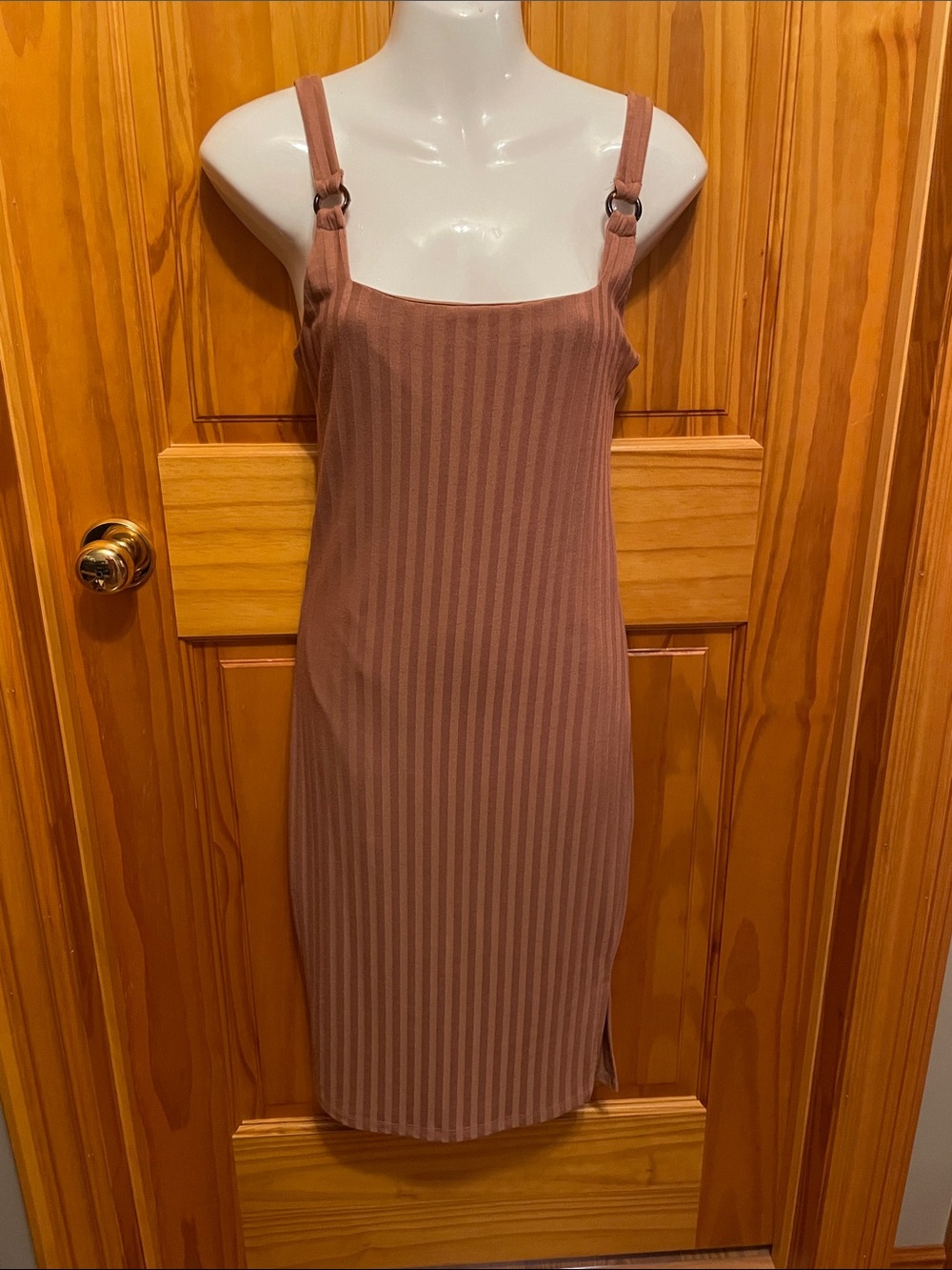 Dynamite Women’s Ribbed Square-Neck Slip Dress in Dusty Rose/Tan